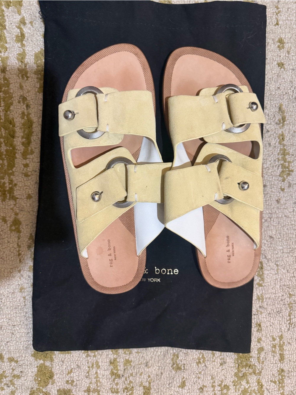rag & bone Pale Yellow Suede Double-Buckle Slide Sandals